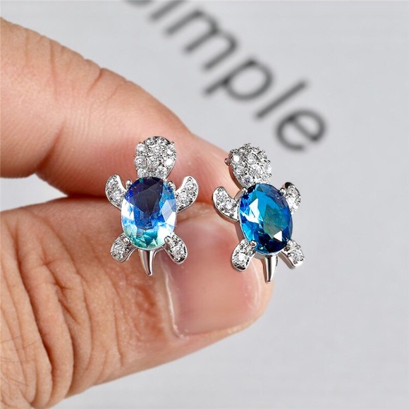 “Just Keep Swimming” Turtle Diamond Gem Earrings - Picture 3 of 11